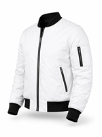 Blouson bomber blanc pour homme avec garniture noire, fermeture éclair, coupe-vent décontracté en polyester rembourré, idéal pour l'automne