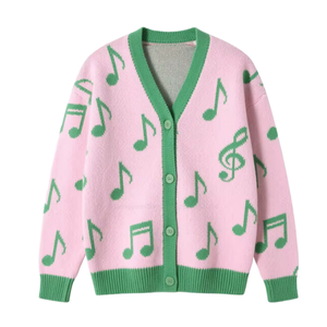 Cárdigan de punto con notas musicales en rosa y verde para mujer, cuello en V, manga larga, informal, con botones al frente, longitud completa, grosor estándar - Product Image 1