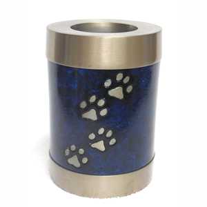 Urna Funeraria de Metal (Latón/Aluminio) Azul con Grabado de Huella de Pata Plateada para Guardar Cenizas, Estilo Moderno - Product Image 1
