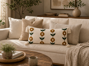 Coussin lombaire personnalisé fait main en coton avec broderie florale géométrique, style bohème, couleur moutarde, coussin d'appoint long touffeté avec pompons - Product Image 1