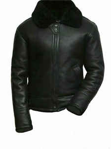 Blouson aviateur en cuir véritable noir pour homme avec doublure en fausse fourrure, fermeture éclair, vêtement d'extérieur d'hiver, style motard - Product Image 3