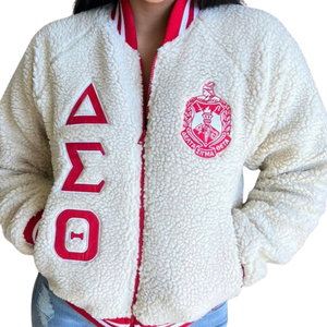 DST Delta Sigma Theta <b>Sherpa</b> Bomber <b>Jacket</b> 1913 Sorority Teddy Varsity <b>Jacket</b> <b>Women</b> Greek Letter Crest Applique Embroidery - Product Image 6