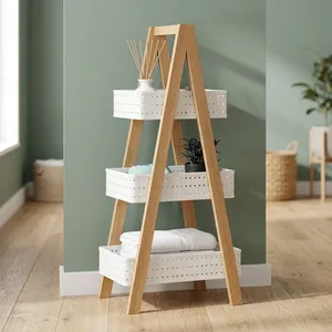 Étagère de rangement en bois de manguier à 3 niveaux, design minimaliste, paniers blancs, organisateur pour salle de bain, cuisine, salon - Product Image 2