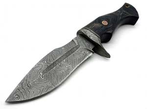 Cuchillo de Camping Hecho a Mano con Acero de Damasco, Mango de Madera Oscura y Bolster de Damasco, Hoja Fija - Product Image 5