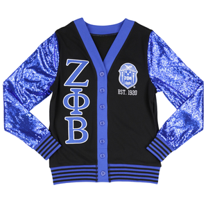Cardigan à manches à sequins Zeta Phi Beta noir pour femme, pull à lettres grecques, vêtement de sororité boutonné, vêtement d'extérieur en tricot tendance - Product Image 1