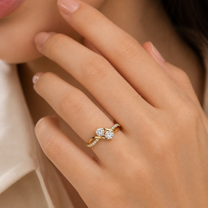 1 CTW Round Cut Moissanite Diamond <b>Two</b> <b>Stone</b> Bypass <b>Ring</b> in Yellow Gold | Modern Crossover Engagement <b>Ring</b> for Women - Product Image 1