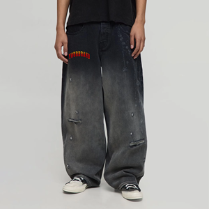 Jean en denim déchiré à jambe large, taille mi-haute, coupe ample, style streetwear, en coton, collection automne - Product Image 1