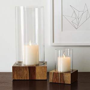 Porte-bougie minimaliste en bois avec cylindre en verre transparent haut, décoration moderne - Product Image 1