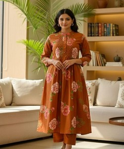 Women Traditional Cotton Kurta Floral Print Orange Regular Fit Regular Length Casual Party Wear India Pakistan Style Quick Dry - Product Image 1