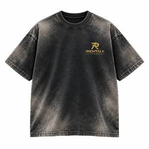 เสื้อยืดโอเวอร์ไซส์ผู้ชาย ผ้าฝ้ายสีดำ ล้างทราย แขนสั้น แต่งขอบตัดกัน คอกลม สตรีทแวร์ แคนวาส สปอร์ตแวร์ - Product Image 1