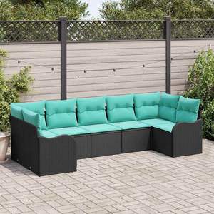 Ensemble de canapés de jardin en polyrotin noir et turquoise, 7 pièces - Product Image 1