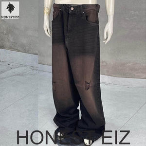 Jean en denim ample taille mi-haute respirant pour femme, coupe vintage, jambe large, cordon de serrage, poches avant, en Spandex/Coton, délavage moyen - Product Image 1