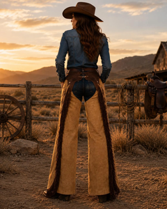Men Western <b>Half</b> <b>Chaps</b> Genuine Leather Fringe Buckle Closure Slim Fit Breathable Machine Washable Riding Equestrian Accessory - Product Image 6