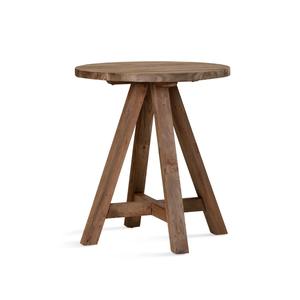 Table de bar ronde en teck massif artisanal avec plateau épais et base angulaire robuste pour café, bar et restaurant. - Product Image 4