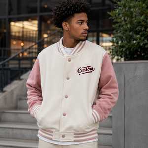 Blouson universitaire personnalisé pour homme avec logo brodé sur manches roses, col rabattable, coupe décontractée, coupe régulière, coupe-vent et respirant pour l'hiver - Product Image 1