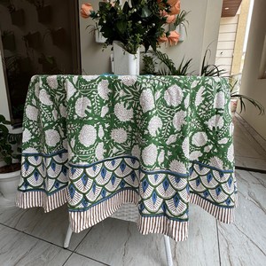 Bohemian Green Floral Hand Block Print Round <b>Tablecloth</b>, Waterproof Cotton Custom Logo Table Cloth for <b>Wedding</b> Restaurant Picnic - Product Image 4