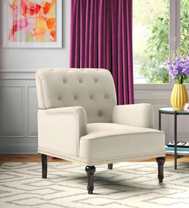 Fauteuil en tissu capitonné avec pieds en bois, chaise de loisirs confortable et rembourrée pour le salon, meubles de maison - Product Image 6