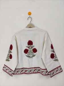 Blouson Bomber Floral Imprimé à la Main, Motif Fleur Rouge, Coton Bohème, Hiver, Réversible, Écologique, Unisexe, Femme, Manches Courtes, Col Étendu - Product Image 6