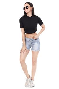 Shorts de mezclilla para mujer, cintura media, ecológicos, lavados a la piedra, con cinturón, estilo vintage, casual, de verano, corte regular, de algodón, con dobladillo deshilachado - Product Image 5
