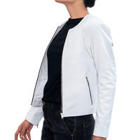 Blouson moto en peau de mouton véritable blanc pour femme, manches longues, fermeture éclair, col rond, décontracté, couleur unie, coupe classique, automne