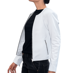Blouson moto en peau de mouton véritable blanc pour femme, manches longues, fermeture éclair, col rond, décontracté, couleur unie, coupe classique, automne - Product Image 3