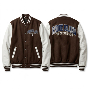เสื้อแจ็คเก็ตวาร์ซิตี้ Rhode Island สำหรับผู้ชาย สีน้ำตาลขาว แขนเสื้อปักลายตัวอักษร สไตล์ Letterman Bomber แบบ Preppy เหมาะสำหรับใส่ในฤดูใบไม้ร่วง - Product Image 1