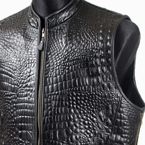 Chaleco de Cuero para Hombre, Estilo Motero, Cuello Camisero, Transpirable, para Invierno, Cierre de Cremallera, Corte Regular, Estilo Urbano, Tallas Grandes - Product Image 2