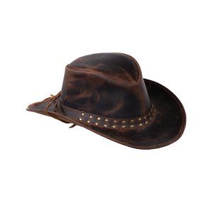 Chapeau de cowboy vintage en cuir vieilli, style western, avec bande cloutée, large bord, unisexe, chapeau de brousse Outback pour hommes et femmes, usage quotidien - Product Image 4