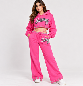 Women’s Custom <b>Rhinestone</b> Hooded <b>Crop</b> <b>Top</b> & Wide Leg Pants 2 Piece Pink Tracksuit Set Wholesale Fashion Sportswear - Product Image 4