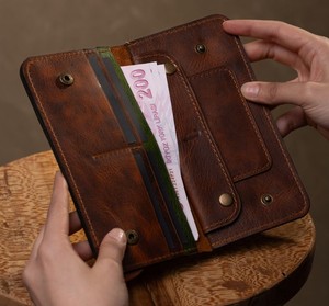 Portefeuille vintage en cuir véritable avec fermeture à rivets, porte-cartes multifonctionnel, style court, rayé marron-vert, unisexe - Product Image 2