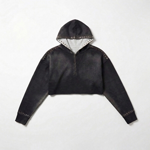 Black Washed Cropped Half‑Zip Hoodie with Metal Eyelets — Raw Hem| Streetwear Capsule OEM / Private Label - Product Image 1