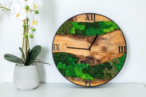 Wedding Gift Olive Wood Moss Wall <b>Clock</b> Custom Anniversary Gift for Couple Unique Moss Art Handmade Wood Decor - Product Image 6