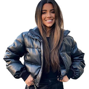 Parkas cortas gruesas y cálidas de invierno para mujer, abrigos de cuero PU negro a la moda, chaquetas elegantes de algodón con cremallera para damas - Product Image 1