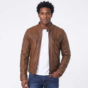Men's <b>Brown</b> Genuine <b>Leather</b> Moto <b>Jacket</b> Stand Collar Zipper Closure Slim Fit Autumn Wear - Product Image 4
