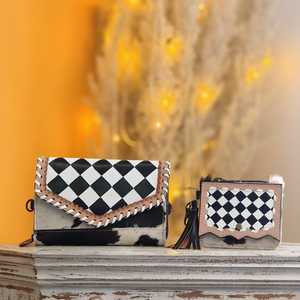 New Hand Tooling Black & White Color Checkboard Diamond Pattern With Hair On Hide Fur 100% Genuine Leather Women's Clutch <b>Wallet</b> - Product Image 3