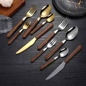 Juego de cubiertos de lujo de acero inoxidable con mango de madera, tenedor, cuchara y cuchillo dorados y plateados, vajilla para cocina y comedor - Product Image 1