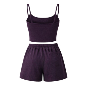 Conjunto de 2 Piezas para Mujer, Color Morado, Top Corto sin Mangas con Cordón Ajustable y Pantalones Cortos, Tejido Sólido y Transpirable, Ropa Casual de Primavera/Verano - Product Image 2