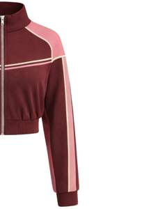 Veste de sport courte pour femme, rose bordeaux, zippée, avec rayures contrastées, pour le fitness et la gym, fabriquée sur mesure. - Product Image 4