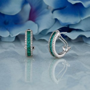 <b>Emerald</b> Green Hoop <b>Earrings</b> White Diamond Accents 14K White <b>Gold</b> Finish Huggie Style Luxury Wedding Fine Jewelry Women Elegant - Product Image 4