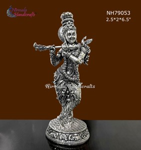 Estatua de Krishna de Latón Hecha a Mano con Acabado Plateado, Tocando la Flauta, Figura de Dios Hindú para Decoración del Hogar - Product Image 1