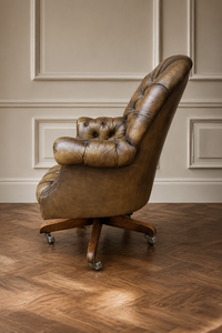 Fauteuil pivotant Chesterfield en cuir capitonné vintage avec base en bois et roulettes, fauteuil de bureau de luxe, mobilier de salon pour la maison - Product Image 3