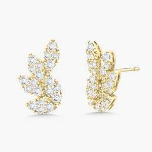 Pendientes Curvos con Forma de Hoja, Oro Sólido de 14k y 18k, Diamante Cultivado en Laboratorio de Corte Redondo, Diseño Botánico de Enredadera, Elegantes, Modernos y de Lujo, con Cierre a Presión - Product Image 1