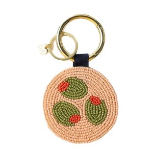 Round Beaded Cactus Keychain with Gold <b>Ring</b> and Leather Strap for Bag Charm - Product Image 3