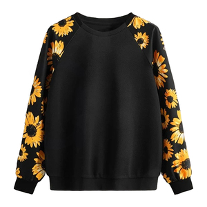 Black Floral Sunflower Print <b>Raglan</b> Sleeve Pullover Sweatshirt O-Neck Loose Fit Casual Unisex Knitted <b>Top</b> Autumn Wear - Product Image 1