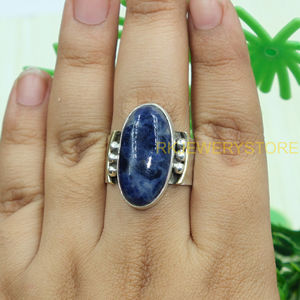 Natural Sodalite <b>Ring</b> 925 Sterling <b>Silver</b> <b>Ring</b> with Brass Design Hammered <b>Ring</b> <b>Statement</b> <b>Ring</b> Sodalite Jewelry Christmas Gift - Product Image 2