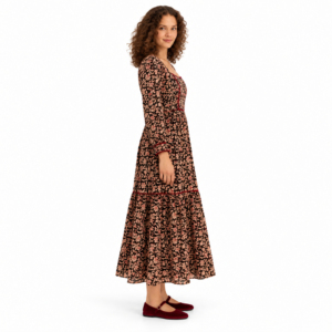 <b>Womens</b> Black Floral Print Henley Neck Tiered Midi <b>Dress</b> with Smocked Back Three Quarter Sleeves Pockets Organic Cotton Woven - Product Image 3