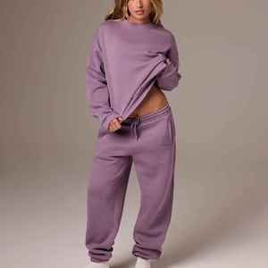 Conjunto Deportivo de Algodón para Mujer, Color Morado Sólido, Informal, Transpirable, Manga Larga, Cuello Redondo, Corte Holgado con Pantalones con Cordón - Product Image 1
