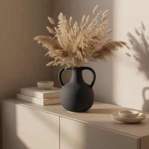 Vase à fleurs en céramique noire mate à double poignée, vase décoratif de table pour la maison, les mariages et l'aménagement d'étagères - Product Image 3