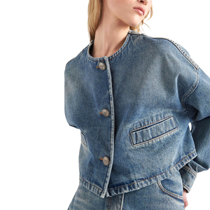 Women's Plus Size Loose Fit Classic Blouson Style <b>Denim</b> <b>Jacket</b> Breathable <b>Lightweight</b> Casual Blue Washed Cotton Outerwear - Product Image 4