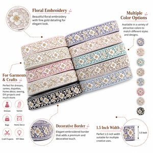 Cinta Decorativa Bordada Floral Ecológica de Encaje de 2 Pulgadas Gris Blanco Dorado para Vestidos, Saris y Manualidades - Product Image 6